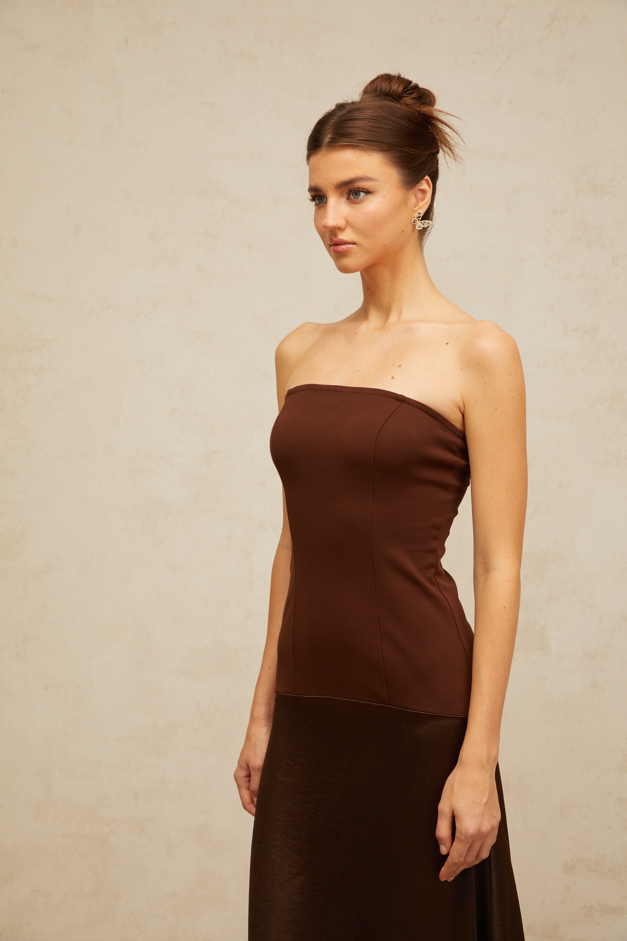 Blaise Kahverengi Straplez Saten Panelli Maksi Elbise