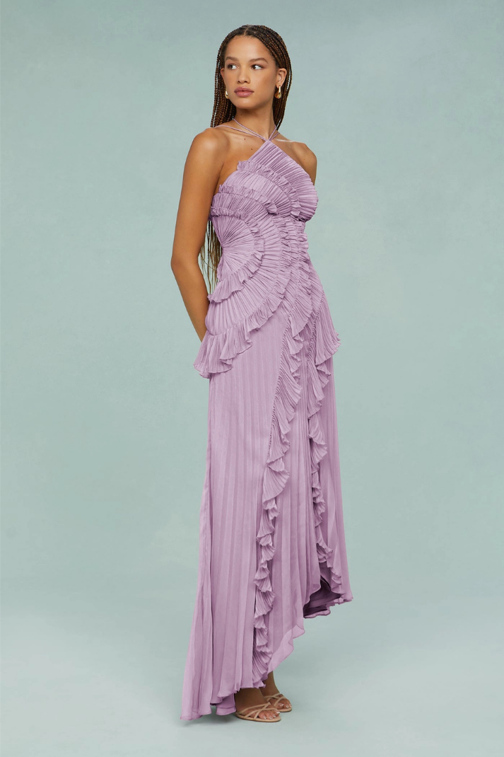 Anabella Pileli Fırfırlı Lila Midi Elbise