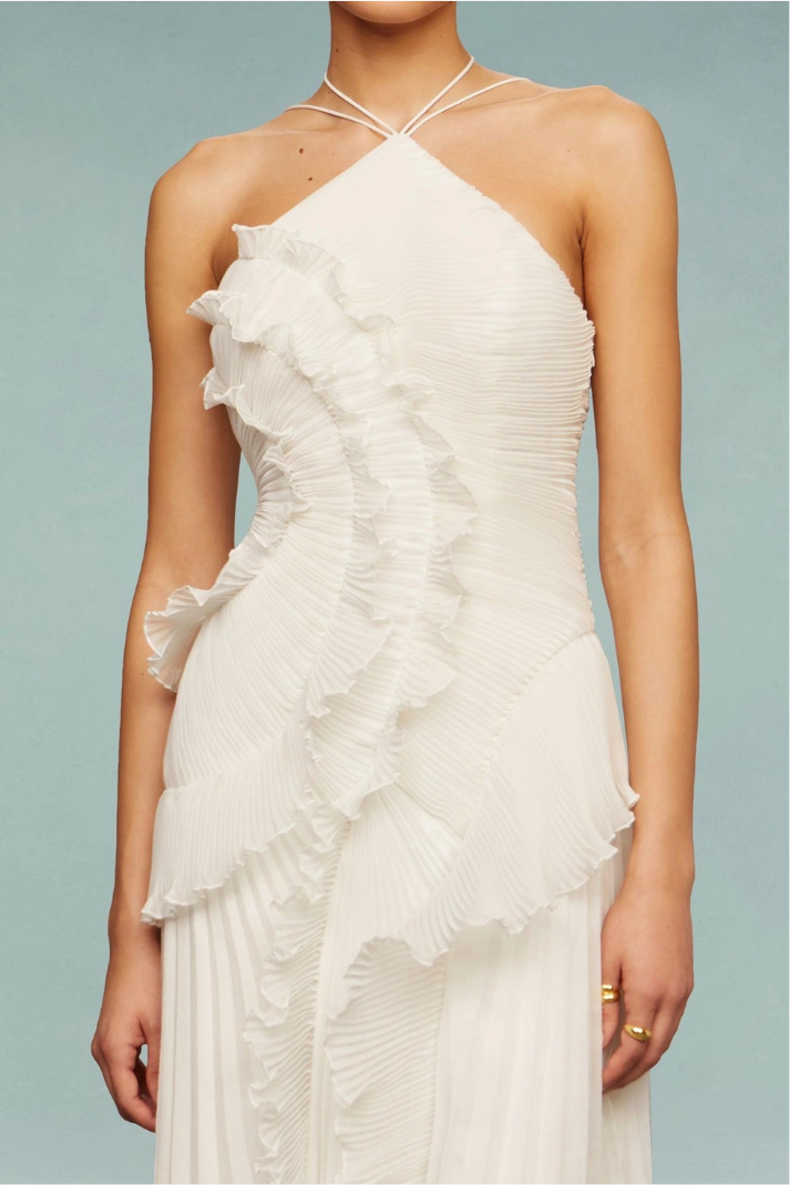 Anabella Pileli Fırfırlı Beyaz Midi Elbise