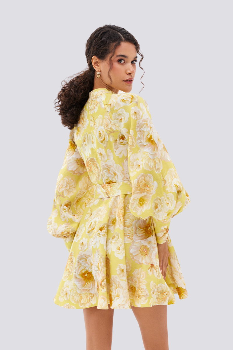 Cassiopeia Balon Kol Çiçekli Mini Elbise