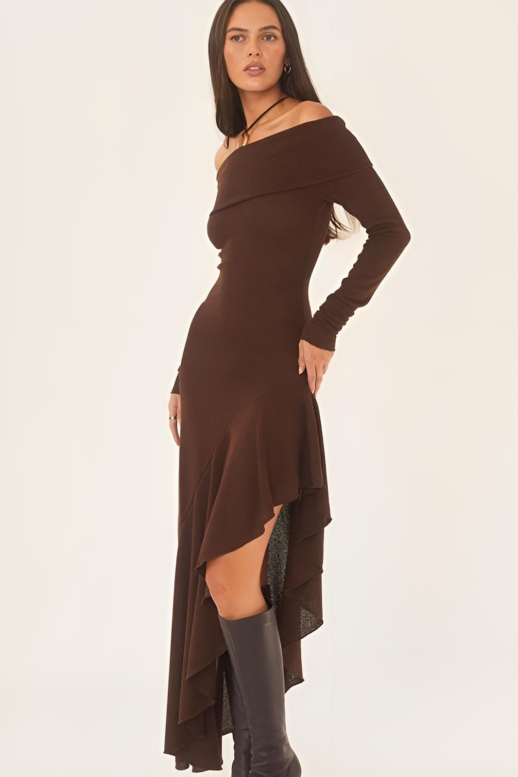 Alisa Omuz Açık Flare Midi Örgü Elbise