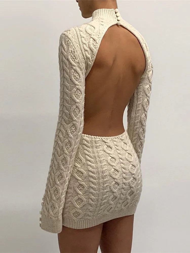 Balıkçı Yaka Sırt Detay Örme Mini Elbise