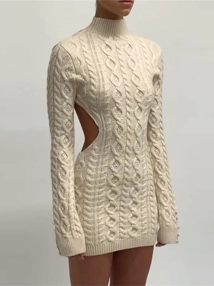 Balıkçı Yaka Sırt Detay Örme Mini Elbise