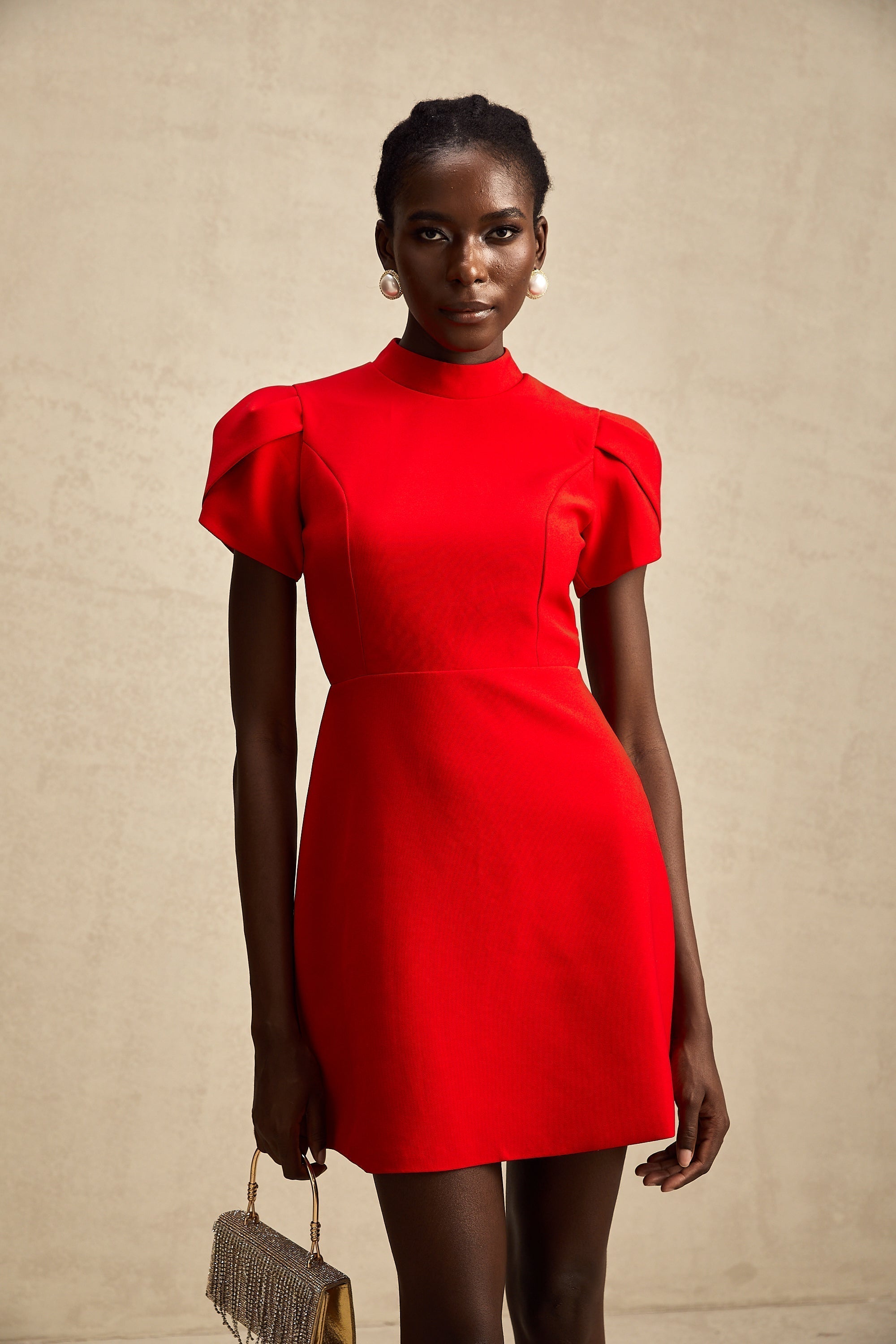 Anna Kırmızı Yaprak Kollu Kesik Fiyonklu Mini Elbise