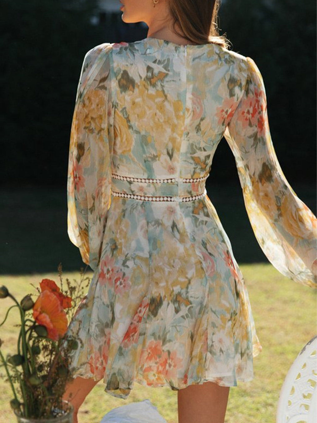 Çiçekli Karpuz Kol Mini Elbise