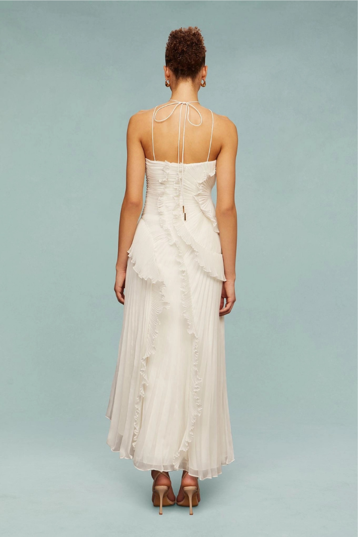 Anabella Pileli Fırfırlı Beyaz Midi Elbise